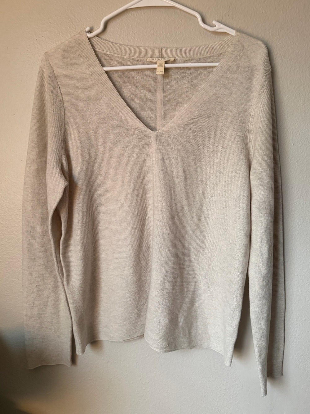 Eileen Fisher Organic Cotton Linen Slub Light Beige V-Neck Sweater PL Lagenlook
